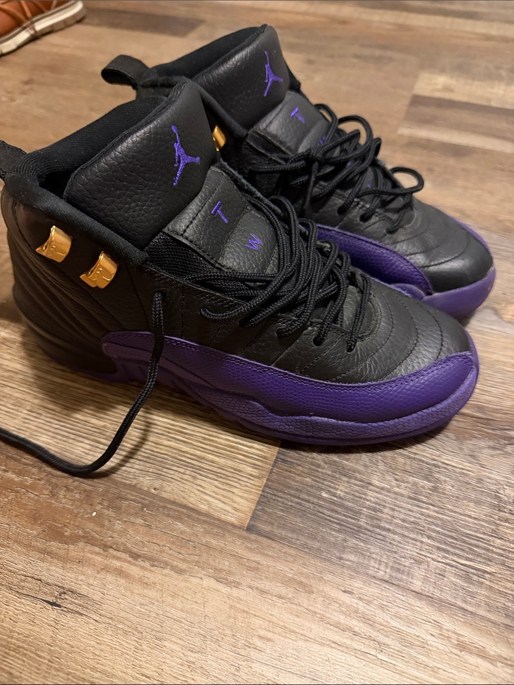 Air Jordan 12 Retro Kids High-Top Sneakers Black & Field Purple and Gold Accents